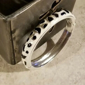 Enameled Art Deco Animal Print Hinged Bangle Bracelet White Black Silver
